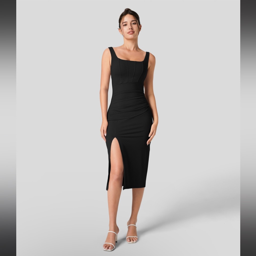 Halara Medium Square Neck Backless Corset Ruched Split Bodycon Midi Casual Dress